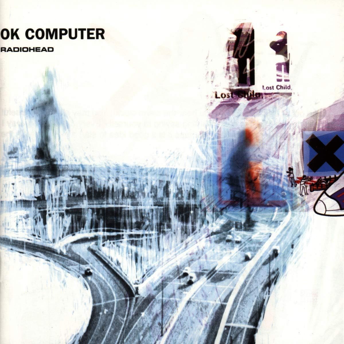 レディオヘッド『OK Computer』アルバムジャケット - 高速道路のインターチェンジが描かれた抽象的なアートワーク。
